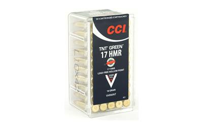 CCI Ammunition TNTGreen, 17 HMR, 16 Grain, Hollow Point, Lead Free, 50 Round Box, California Certified Nonlead Ammunition 951