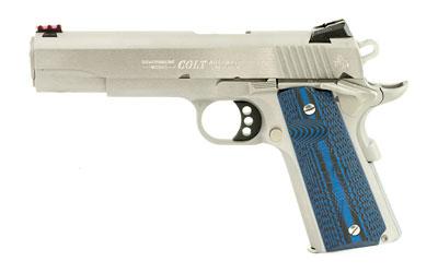 Colt's Manufacturing Competition SS, Semi-automatic, Metal Frame Pistol, Full Size, 38 Super, 5 Barrel, Steel, Stainless Finish, G10 Checkered Blue Grips, Novak Red Fiber Optic Front Sight, Novak Adjustable Rear Sight, 9 Rounds, Series 70 Firing Syst