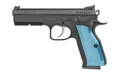 CZ Shadow 2, Double Action/Single Action, Semi-automatic, Metal Frame Pistol, Full Size, 9MM, 4.89 Barrel, Steel, Black, Blue Aluminum Grips, Fiber Optic Front and Black Serrated Adjustable Rear Sight, Ambidextrous Safety, 19 Rounds, 3 Magazines, Opt