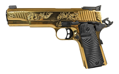 Girsan MC1911 Deluxe, Semi-automatic, 1911, Metal Frame Pistol, Full Size, 45ACP, 5 Barrel, Gold Finish with Engraved Slide and Frame, Ambidextrous Safety, Fully Adjustable Rear Sight, Extended Beavertail, Laminate Grips, Skeletonized Hammer, 8 Round